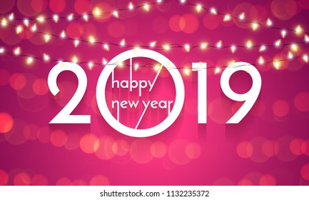 Happy New Year of Christmas lights lamps. Vector golden glittering text with sparkle shine for 2019 new year holiday greeting card on pink background