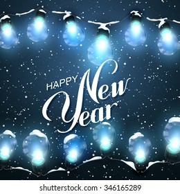 Happy New Year. Christmas Lights With Snow. Vector Holiday Illustration of Luminous Electric Garland. Winter Decoration