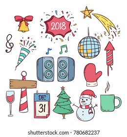 happy new year and christmas party icons with colored doodle style