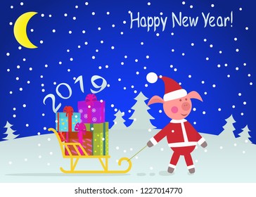 Happy new year . Christmas picture with a pig carrying gifts on Christmas blue background with snow Vector image