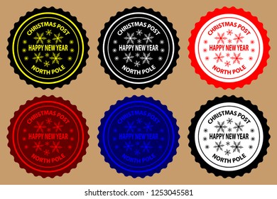 Happy new year, Christmas Post, North Pole (seal, rubber stamp, sticker) vector, black, white, yellow, red, blue,