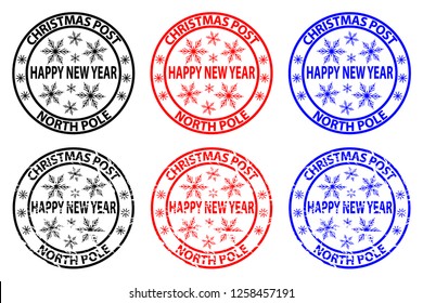 Happy new year, Christmas Post, North Pole, rubber stamp, sticker, vector, black, red, blue,