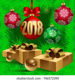 Happy New Year. Christmas presents with realistic glass balls against the background of fir branches.