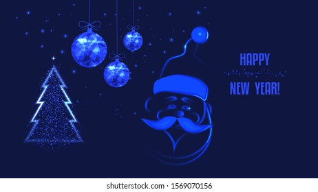 Happy New Year for Christmas project. Santa Claus, snow, stars, New Year tree, blizzard, New Year balls. Background of beautiful dark blue night sky.