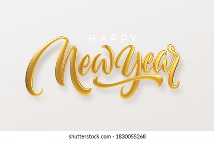 Happy New Year and Christmas. Realistic golden metal lettering isolated on white background. Vector illustration EPS10