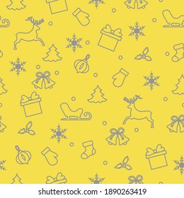 Happy New Year and Christmas seamless pattern. Winter illustration with mittens, sled, gift, snowflakes, deer, bell, Christmas sock, mistletoe, Christmas tree. Illuminating and Ultimate Gray.