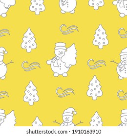 Happy New Year and Christmas seamless pattern. Vector illustration with snowman and Christmas tree. Design for wrapping, fabric, print. Illuminating and Ultimate Gray.