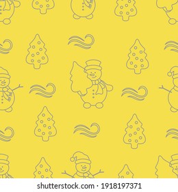 Happy New Year and Christmas seamless pattern. Vector illustration with snowman and Christmas tree. Design for wrapping, fabric, print. Illuminating and Ultimate Gray.
