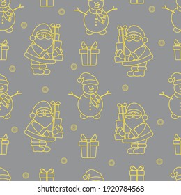 Happy New Year and Christmas seamless pattern. Vector illustration with Santa Claus, snowman, gifts. Design for wrapping, fabric, print. Illuminating and Ultimate Gray.