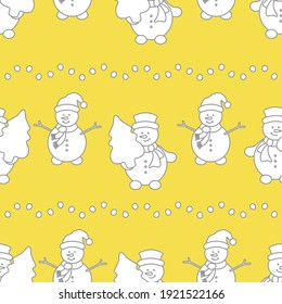 Happy New Year and Christmas seamless pattern. Vector illustration with snowman and Christmas tree. Design for wrapping, fabric, print. Illuminating and Ultimate Gray.