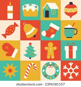 Happy New Year and Christmas seamless pattern with holiday icons elements. Trendy modern  Xmas design for wrapping paper, background, wallpaper. Vector illustration