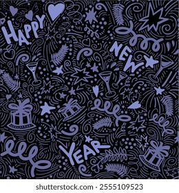 Happy New Year Christmas seamless package in doodle style in trendy color future dusk. Garlands, cake, gifts, glasses, confetti and handwriting words happy, new, year on trendy color tidewater green.