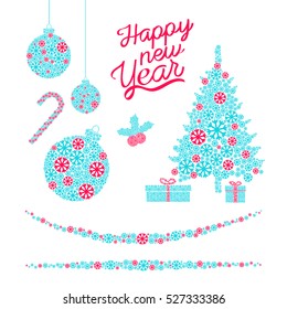 Happy new year. Christmas Set. Shapes of snowflakes. Vector illustration EPS 10. Isolated on white background.