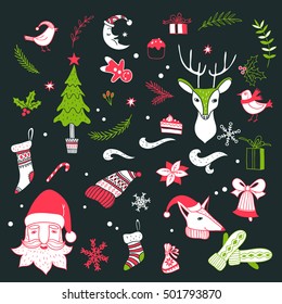 Happy New Year and Christmas symbols set. Vector hand drawn illustration. Santa, deer, fox, bird, New Year Tree, gifts and winter accessories. Doodle style