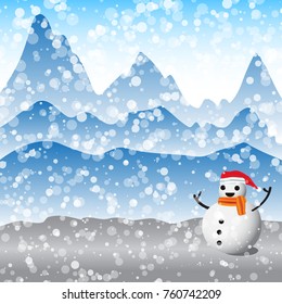 Happy New Year and Christmas template with a cute snowman and snow falling on blue mountain and sky background. Copy space on vector illustration.