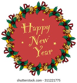 Happy new year, Christmas time greeting frame, with various colorful objects, vector illustration