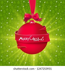 Happy New Year. Christmas tree decoration with red bow and ribbon around. Greeting card, brochure or poster template. Vector illustration.