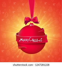 Happy New Year. Christmas tree decoration with red bow and ribbon around. Greeting card, brochure or poster template. Vector illustration.