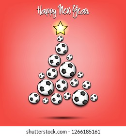 Happy new year. Christmas tree from soccer balls. Football themed Christmas tree. Pattern for banner, poster, greeting card, party invitation. Vector illustration
