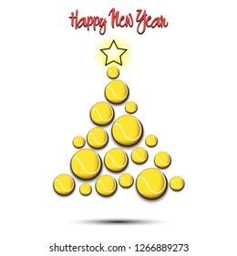 Happy new year. Christmas tree from tennis balls. Tennis themed Christmas tree. Pattern for banner, poster, greeting card, party invitation. Vector illustration