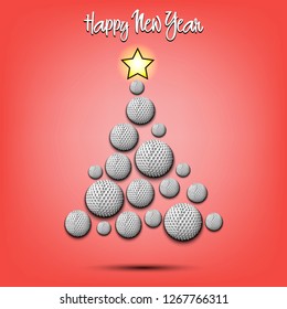 Happy new year. Christmas tree from golg balls. Golf themed Christmas tree. Pattern for banner, poster, greeting card, party invitation. Vector illustration