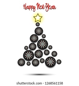 Happy new year. Christmas tree from dartboards. Darts themed Christmas tree. Pattern for banner, poster, greeting card, party invitation. Vector illustration