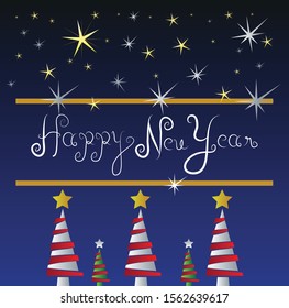 Happy new year. Christmas tree background design. Space background. Golden and silver stars. Handwriting.