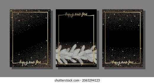 Happy New Year with Christmas Tree and Gold Glitter Greeting Templates set