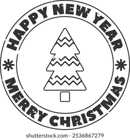 Happy New Year Christmas Tree Mail Stamp Vector Illustration
