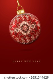 Happy New Year! Christmas tree ball with oriental carpet pattern on red background. Golden elegant text. Elegant minimalist design.