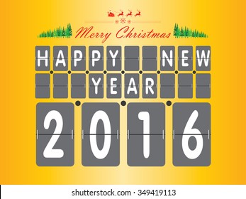 Happy New Year. The Christmas tree and Santa Claus on yellow background.