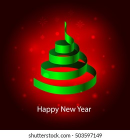 Happy New Year. Christmas tree made of green festive Christmas ribbons