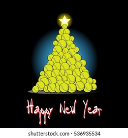 Happy new year and Christmas tree from tennis ball on a black background. Vector illustration