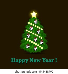Happy New Year. Christmas tree with ornaments in the form of soccer balls. Vector illustration