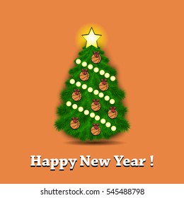 Happy New Year. Christmas tree with ornaments in the form of basketball balls. Vector illustration