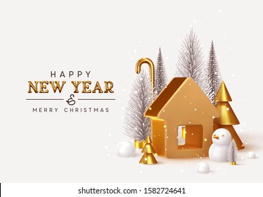 Happy New Year! Christmas trees lush and 3d golden conical fir, winter snow composition. Gold house. New Year Gold metal volumetric title text. Xmas holiday gift card. Creative stylish background