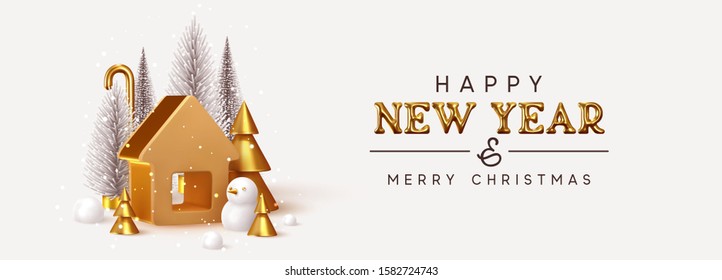 Happy New Year! Christmas trees lush and 3d golden conical fir, winter snow composition. Gold house. New Year Gold metal volumetric title text. Creative Horizontal banner, poster, header for website.