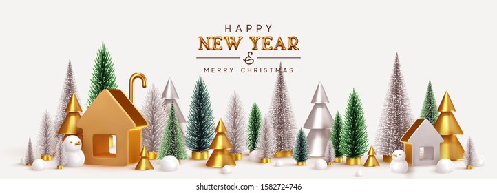 Happy New Year! Christmas trees lush green and silver and 3d golden conical, winter composition. Gold house. New Year Gold metal volume title text. Xmas holiday gift card. Creative stylish background