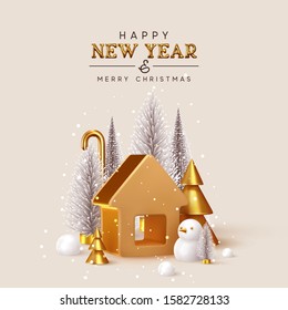 Happy New Year! Christmas trees lush and 3d golden conical fir, winter snow composition. Gold house. New Year Gold metal volumetric title text. Xmas holiday gift card. Creative stylish background