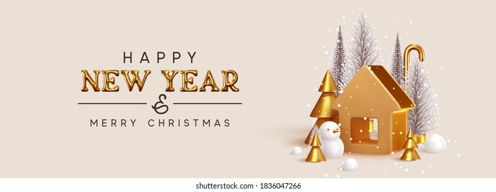 Happy New Year. Christmas trees lush and 3d golden conical fir, winter snow composition. Gold house. New Year Gold metal volumetric title text. Creative Horizontal banner, poster, header for website.