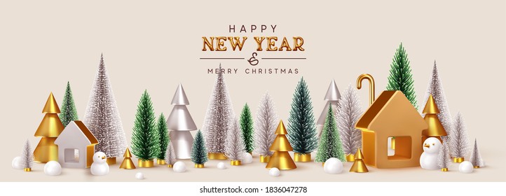 Happy New Year! Christmas trees lush green and silver and 3d golden conical, winter composition. Gold house. New Year Gold metal volume title text. Xmas holiday gift card. Creative stylish background