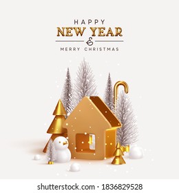 Happy New Year. Christmas trees lush and 3d golden conical fir, winter snow composition. Gold house. New Year Gold metal volumetric title text. Xmas holiday gift card. Creative stylish background.