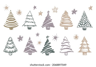 Happy new year. Christmas trees hand drawn. Vector illustration.	
