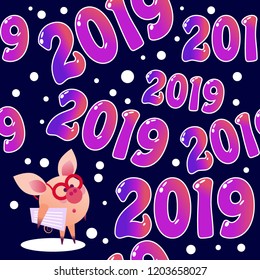Happy New Year and Christmas vector seamless pattern with 2019 sign and funny little pig with glasses and news paper on the front. Snowflakes on the dark. Usefull for fest banner, decoration.
