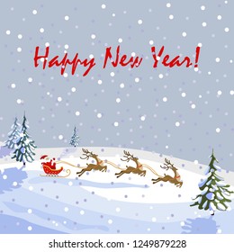 Happy New Year. Christmas vector illustration. Santa on a sleigh with a bag of gifts. Running cartoon deer. Snow over Christmas trees.
