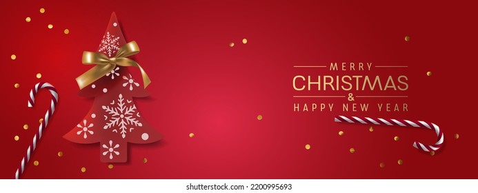 Happy new year and Christmas vector illustration. Christmas tree, candies and golden confetti and glitter festive backroung. Holiday and celebration winter season theme