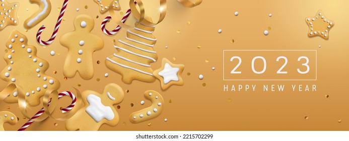 Happy new year and Christmas vector illustration. Christmas tree, gingerbread man and golden confetti and glowing elements in festive backroung. Holiday and celebration winter season decorations