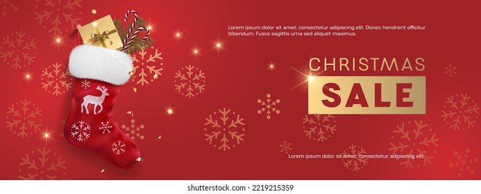 Happy new year and Christmas vector illustration. Sale banner. Golden confetti and glitter festive backroung. Holiday and celebration winter season theme with Christmas sock