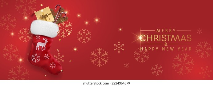 Happy new year and Christmas vector illustration. Golden confetti and glitter festive backroung with sock. Holiday and celebration winter season theme