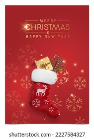 Happy new year and Christmas vector illustration, banner. Golden confetti and glitter festive backroung with sock. Holiday and celebration winter season theme